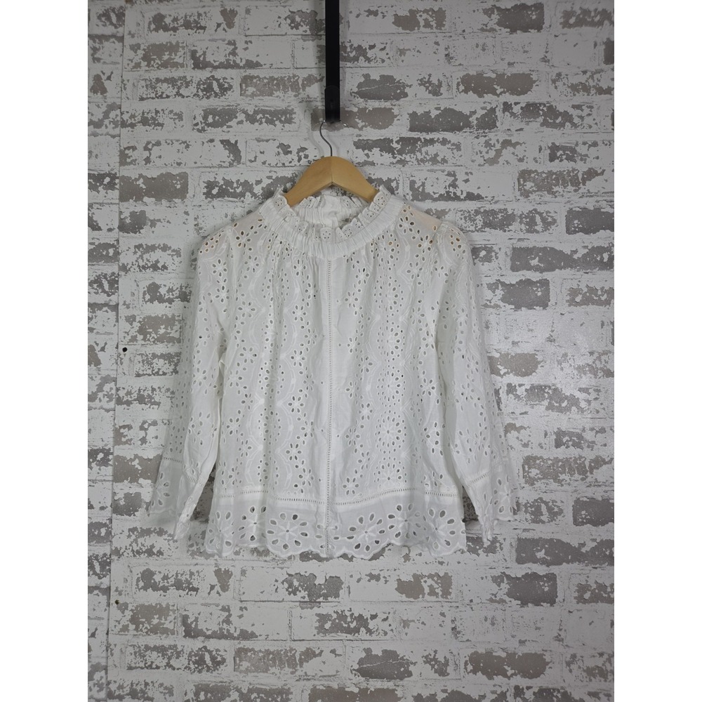 Jennifer & Grace Eyelet Lace Blouse White Medium Back Buttons Ruffle Victorian